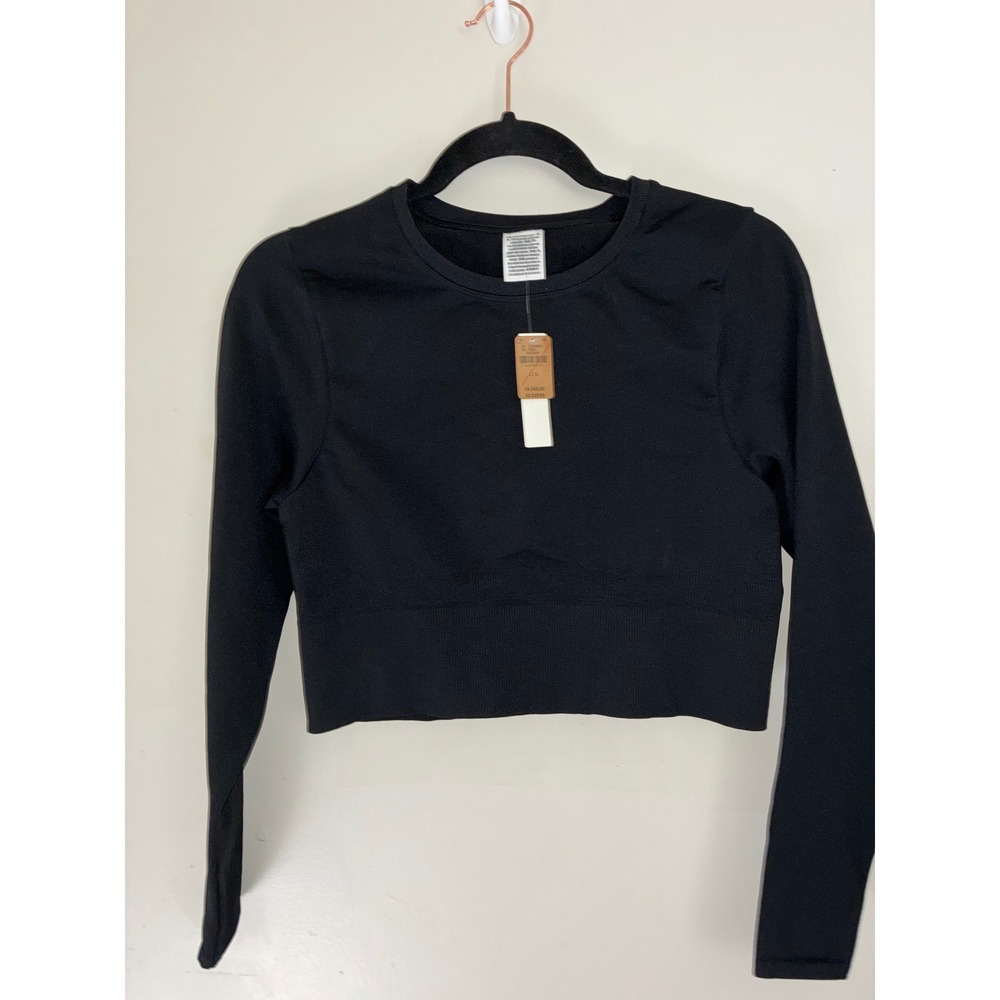 PINK Victoria's Secret Crop Top Women Large Black Seamless Long Sleeve Active